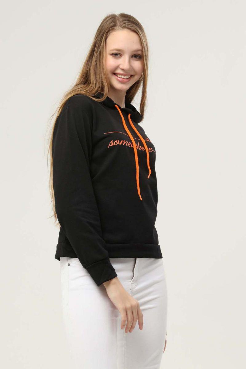 Sweatshirt Kadın Yazı Baskılı Kapüşonlu Sweatshirt Siyah