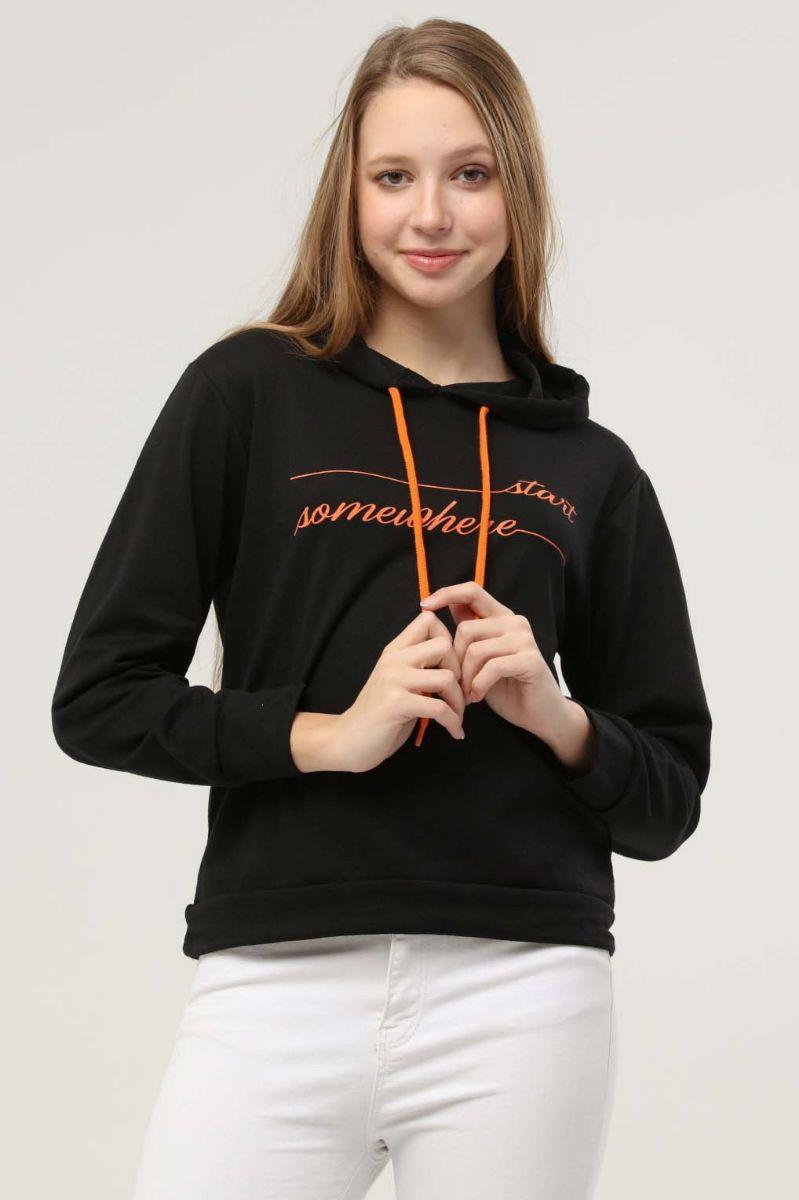 Sweatshirt Kadın Yazı Baskılı Kapüşonlu Sweatshirt Siyah
