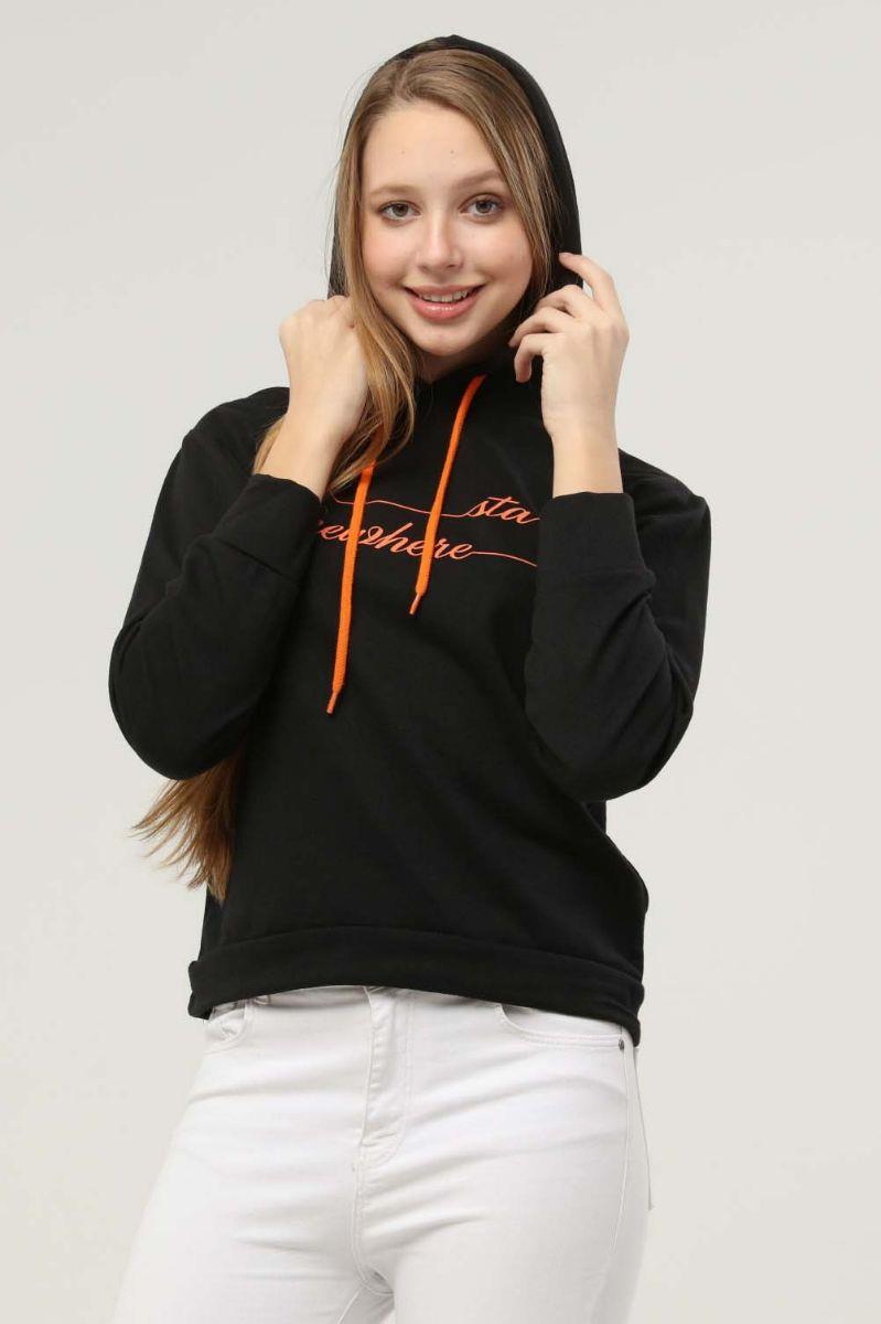 Sweatshirt Kadın Yazı Baskılı Kapüşonlu Sweatshirt Siyah