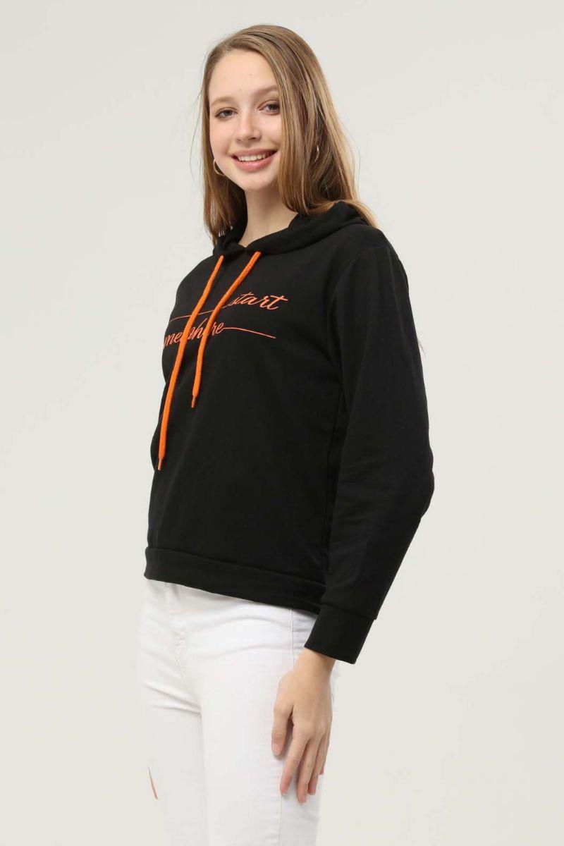 Sweatshirt Kadın Yazı Baskılı Kapüşonlu Sweatshirt Siyah