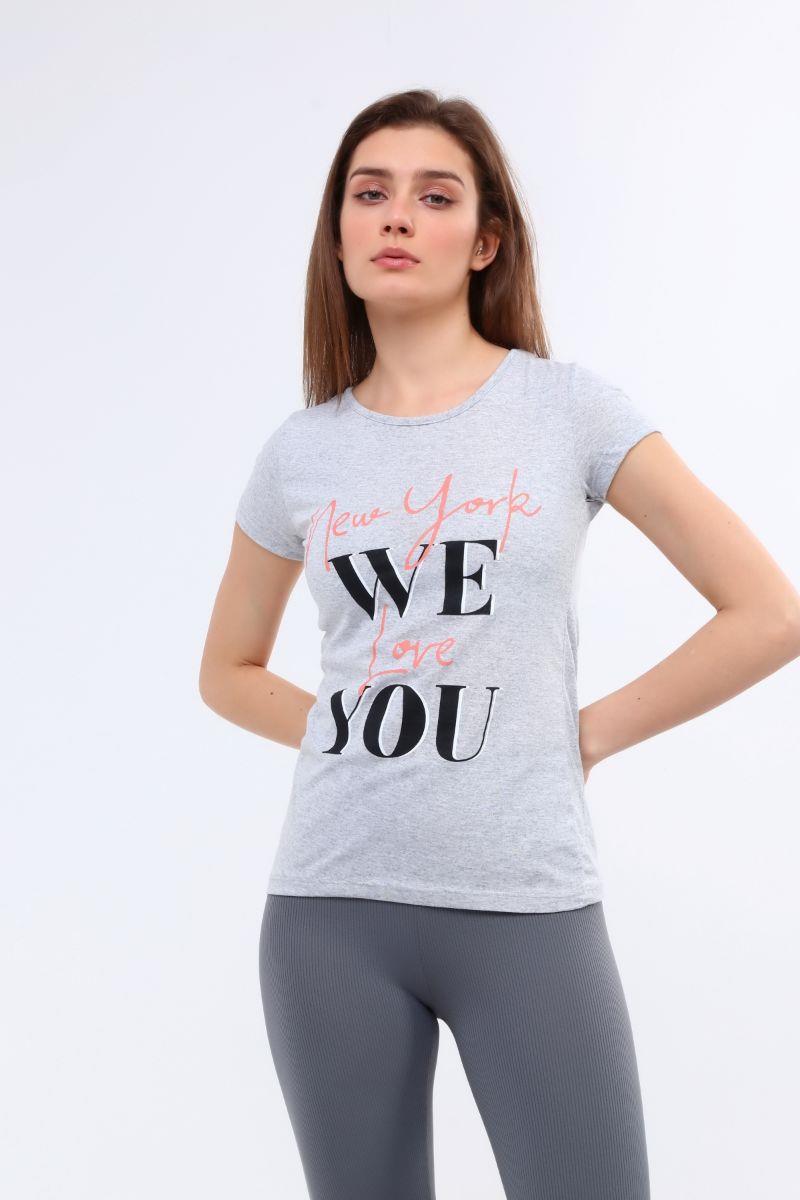 Tshirt Kadın Yazı Baskılı T-Shirt Gri