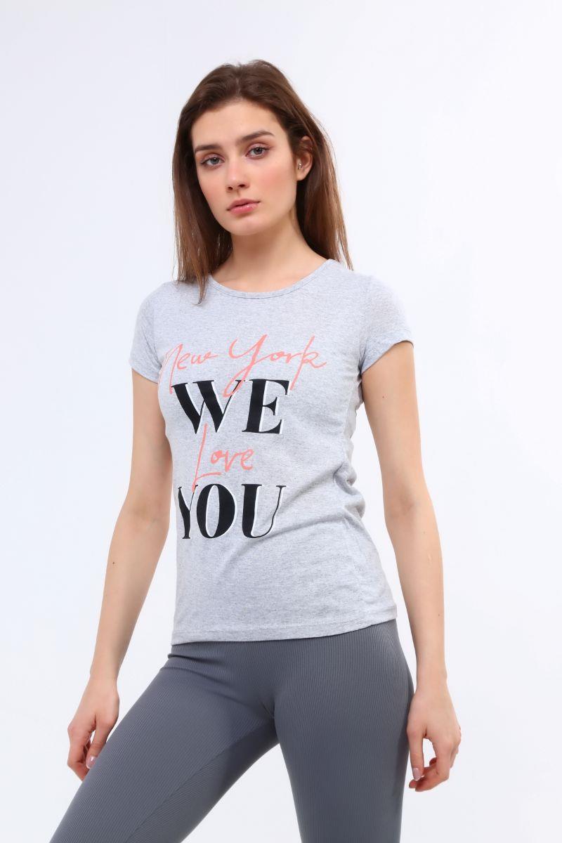 Tshirt Kadın Yazı Baskılı T-Shirt Gri