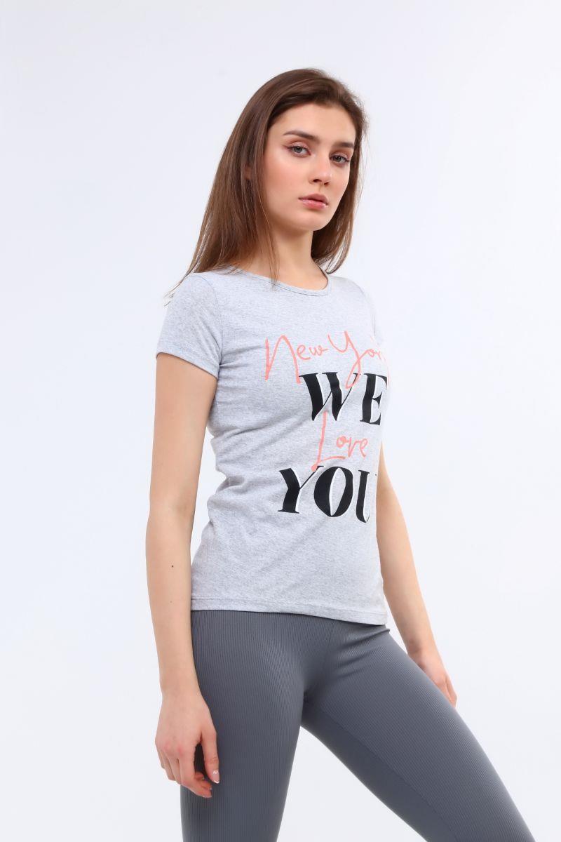 Tshirt Kadın Yazı Baskılı T-Shirt Gri