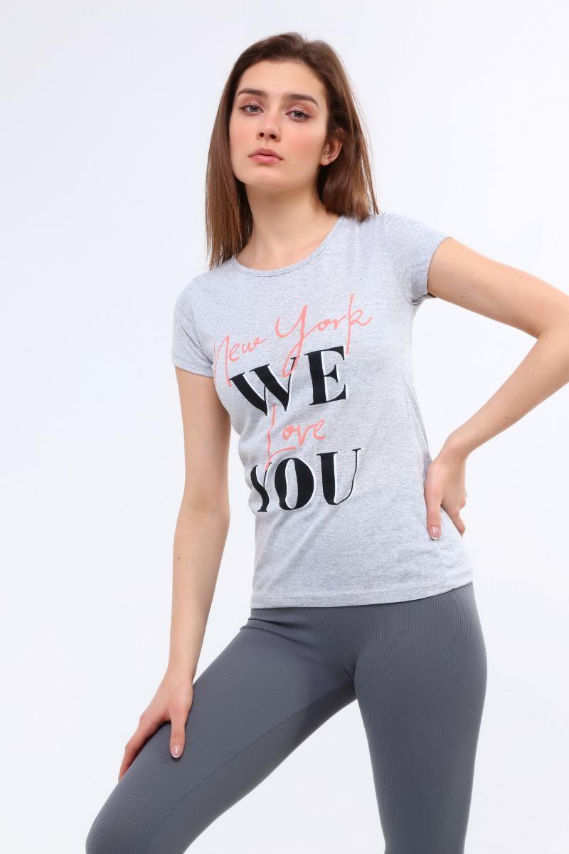 Tshirt Kadın Yazı Baskılı T-Shirt Gri