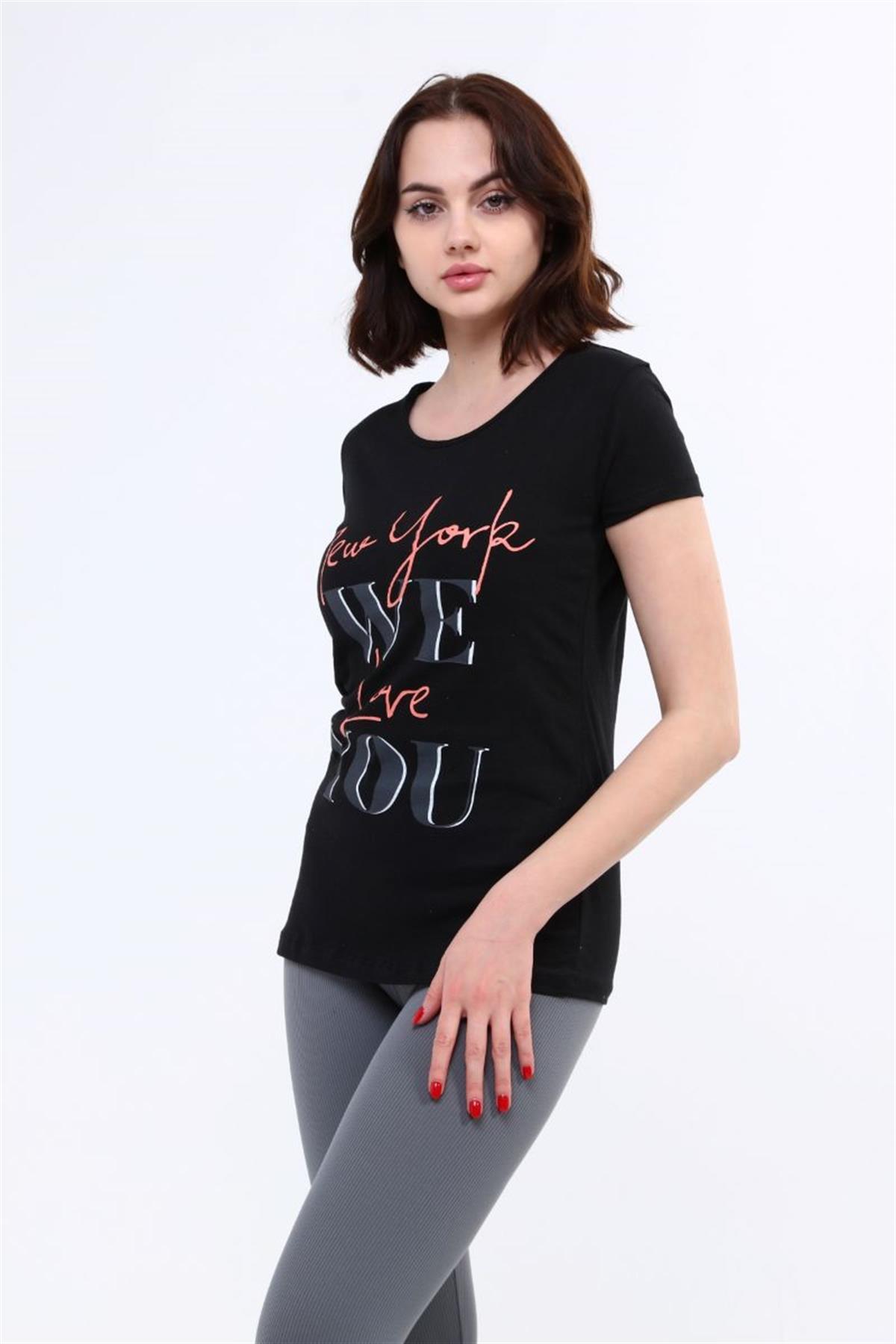 Tshirt Kadın Yazı Baskılı T-Shirt Siyah