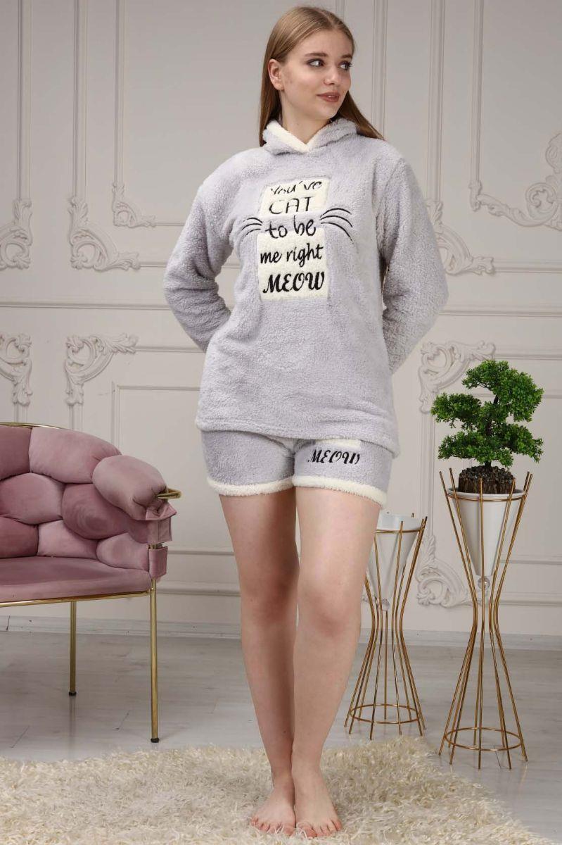 Pijama Takımı Kadın Yazı Nakışlı Soft Polar Şortlu Pijama Takımı Gri