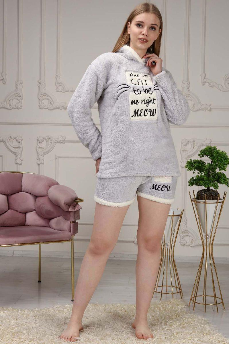 Pijama Takımı Kadın Yazı Nakışlı Soft Polar Şortlu Pijama Takımı Gri