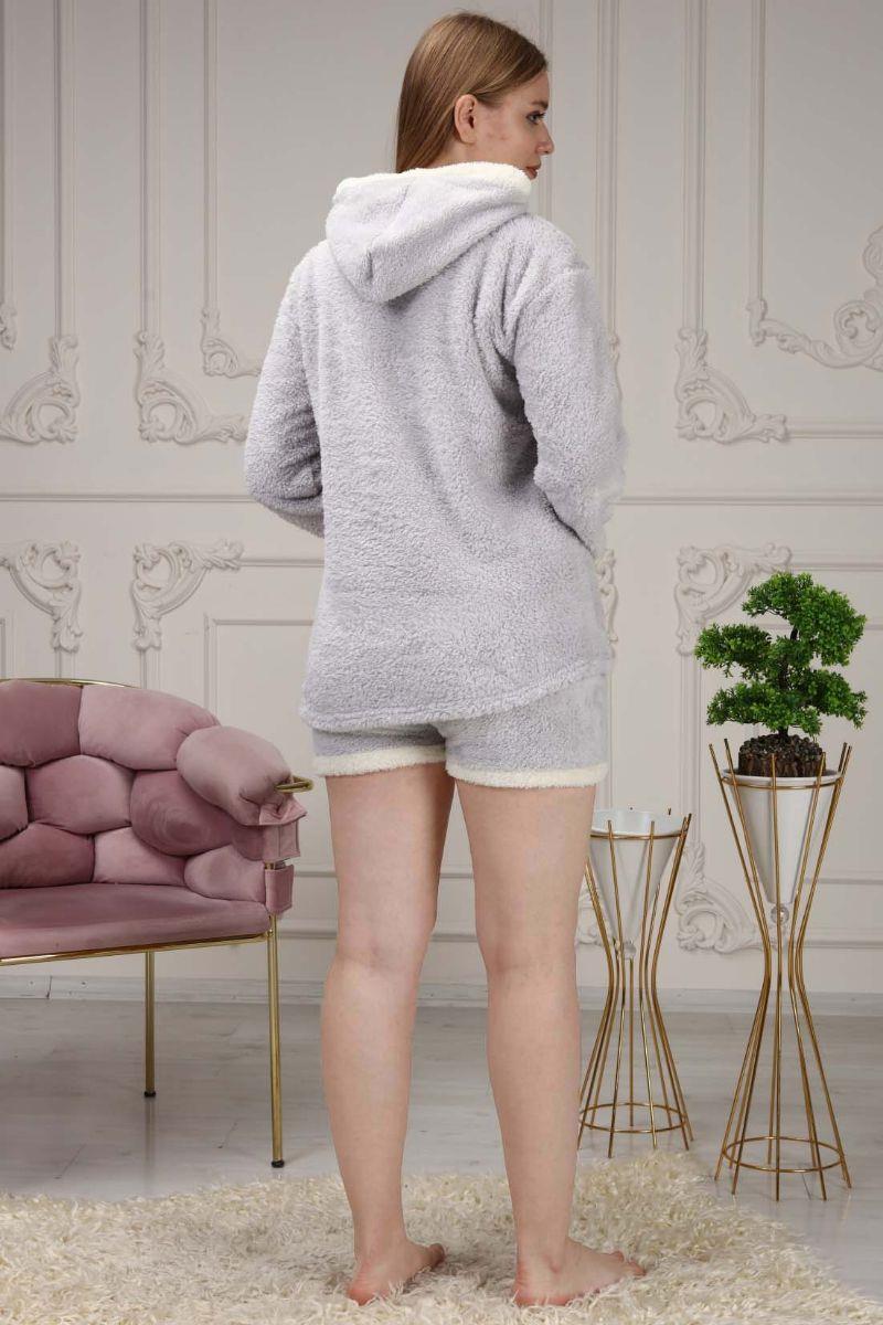 Pijama Takımı Kadın Yazı Nakışlı Soft Polar Şortlu Pijama Takımı Gri