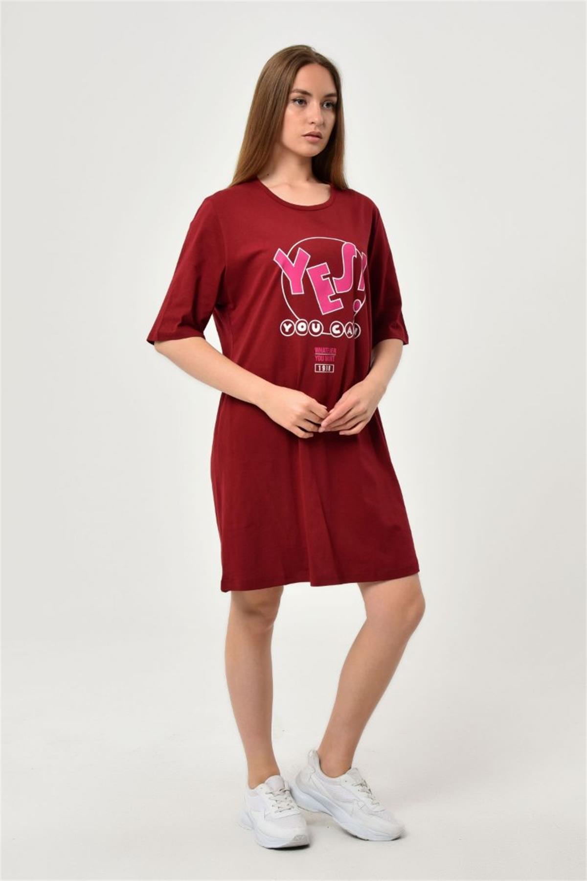 Tshirt Kadın Yes Baskılı Oversize T-Shirt Bordo