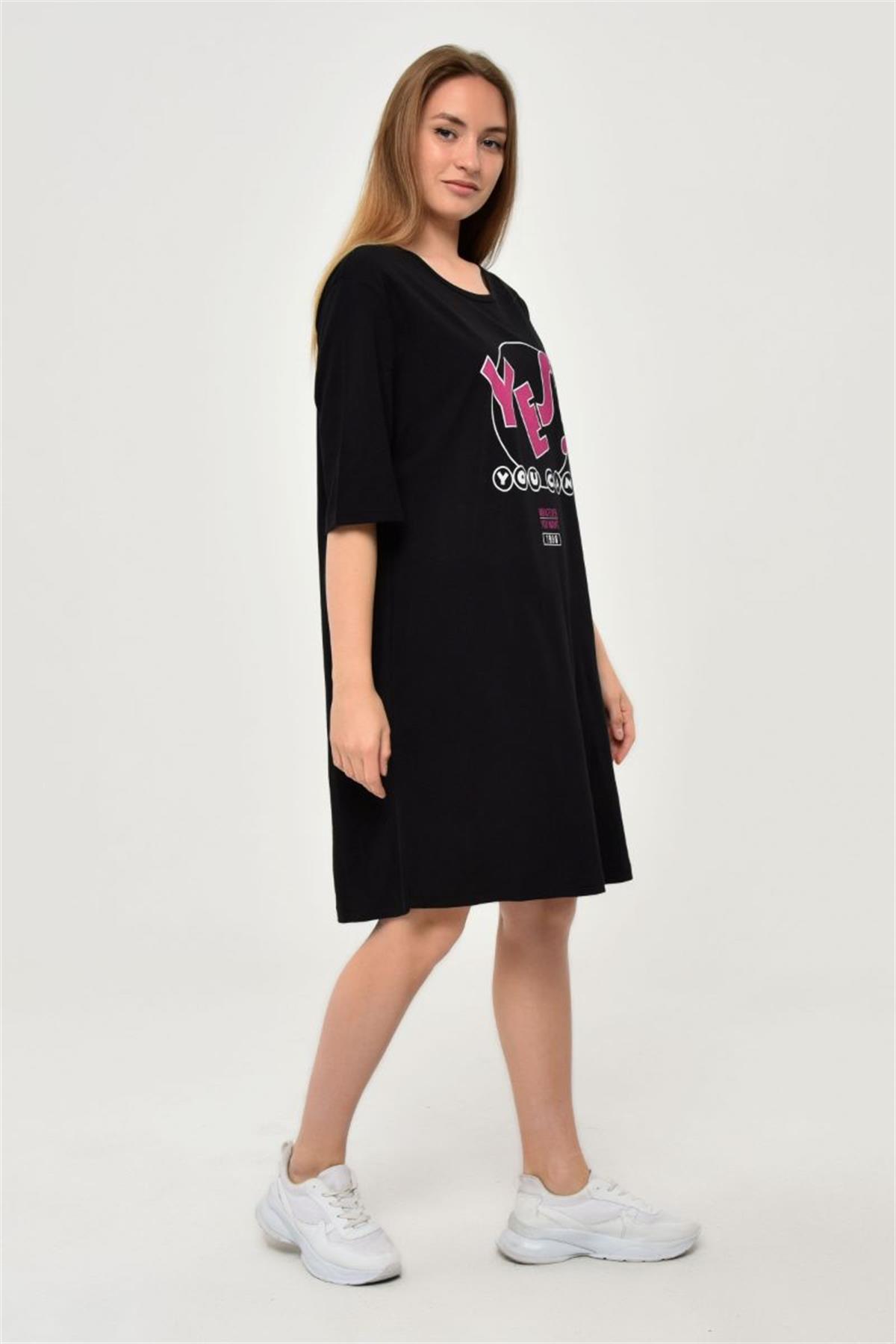 Tshirt Kadın Yes Baskılı Oversize T-Shirt Siyah