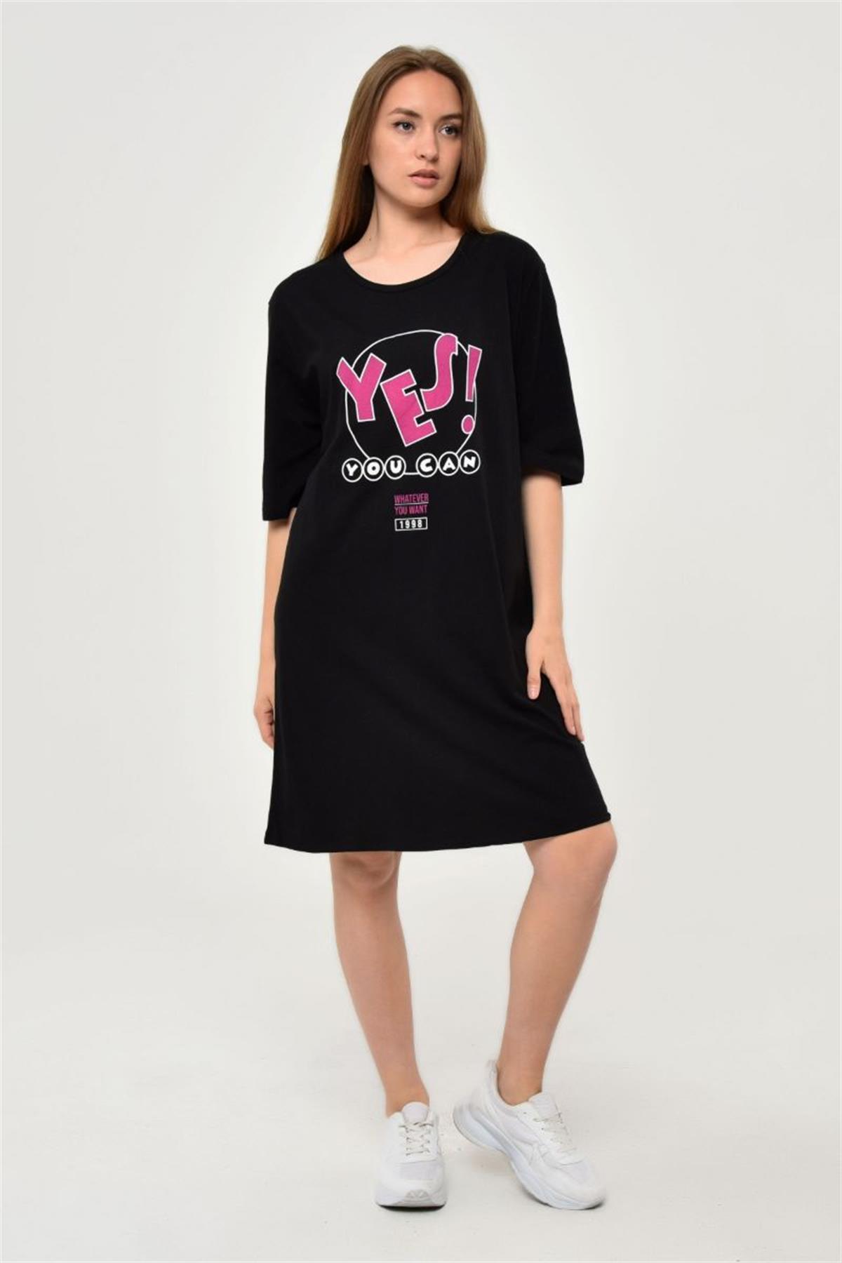 Tshirt Kadın Yes Baskılı Oversize T-Shirt Siyah