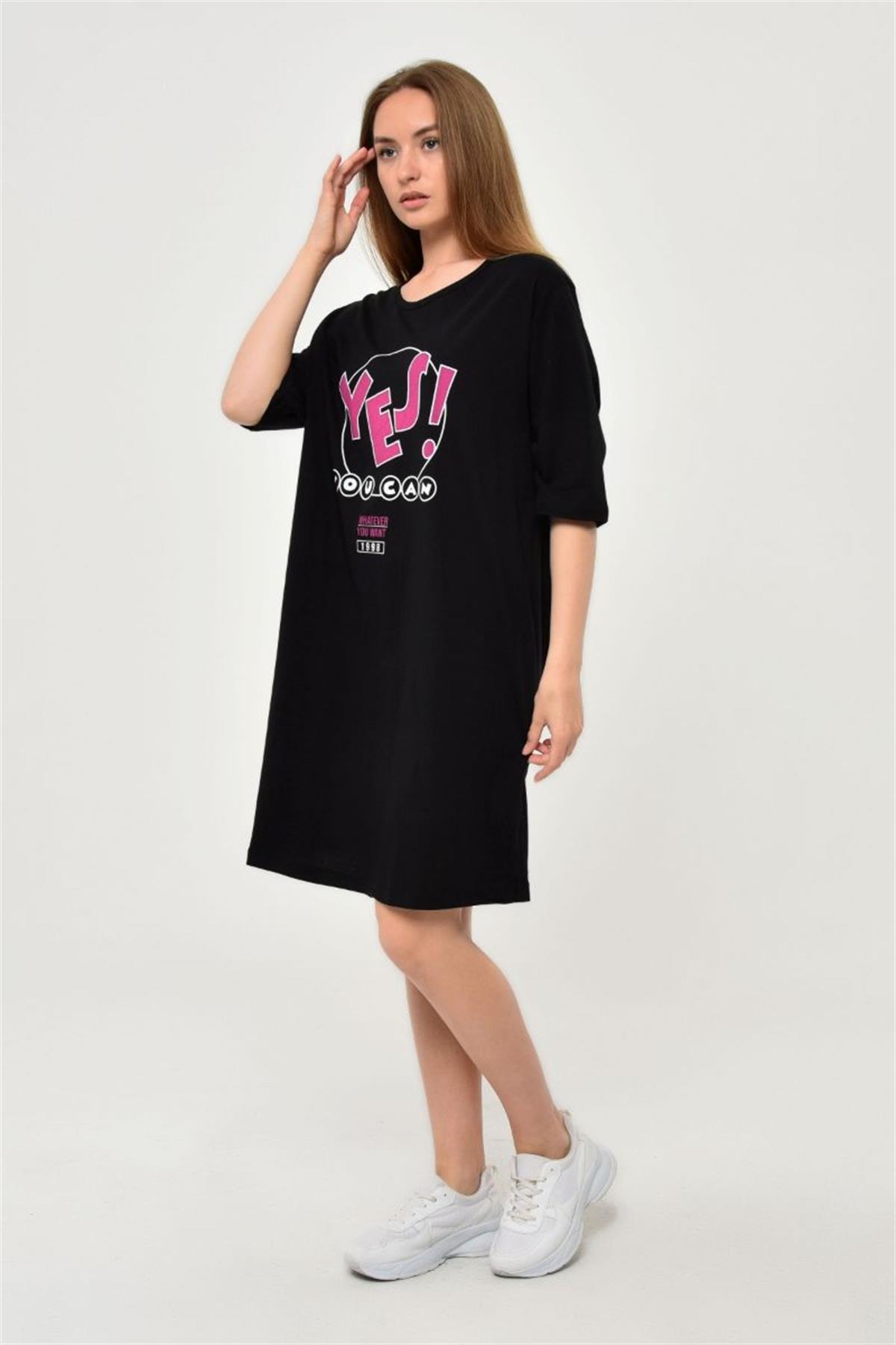 Tshirt Kadın Yes Baskılı Oversize T-Shirt Siyah