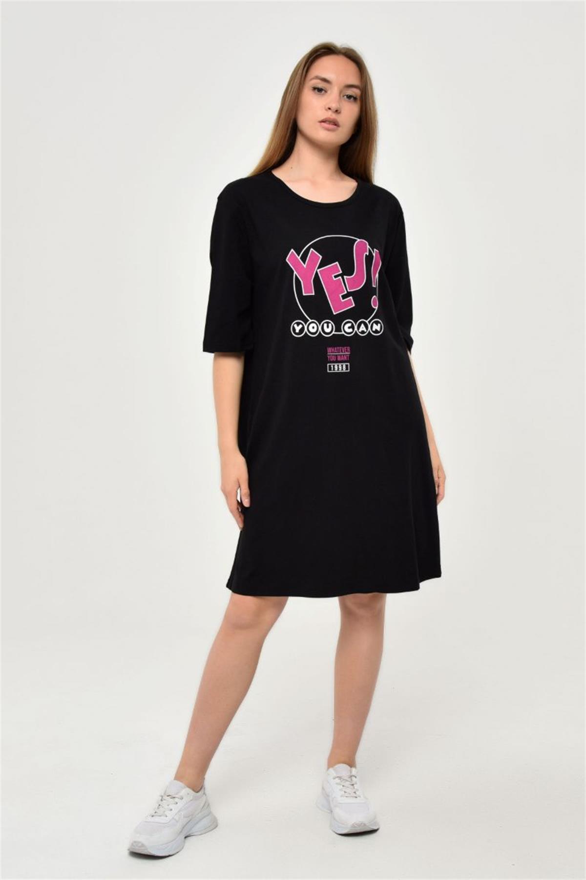 Tshirt Kadın Yes Baskılı Oversize T-Shirt Siyah