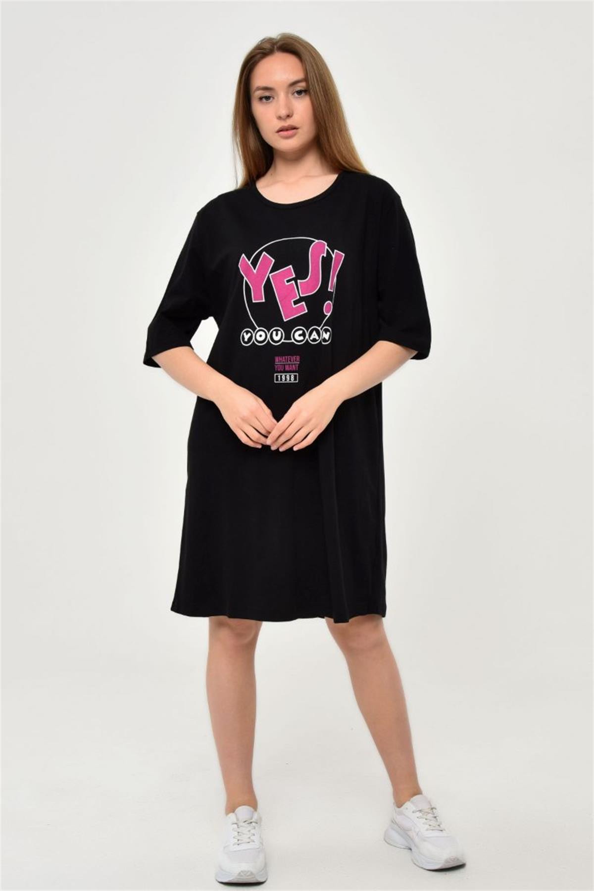 Tshirt Kadın Yes Baskılı Oversize T-Shirt Siyah