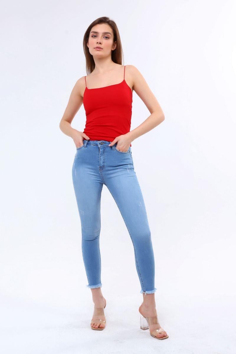 Pantolon Kadın Yüksel Bel Paçası Püsküllü Jean Kot Pantolon Mavi