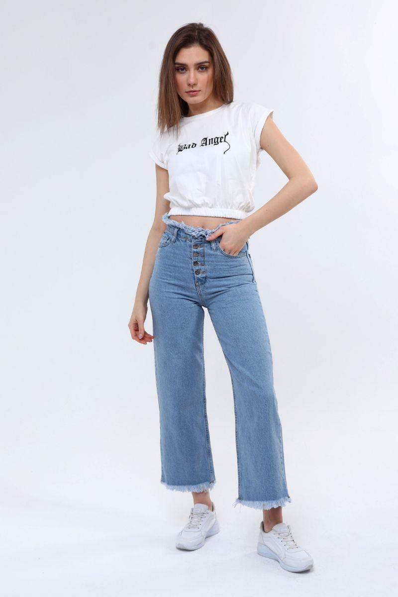 Pantolon Kadın Yüksel Bel Püsküllü Bol Paça Jean Pantolon Mavi