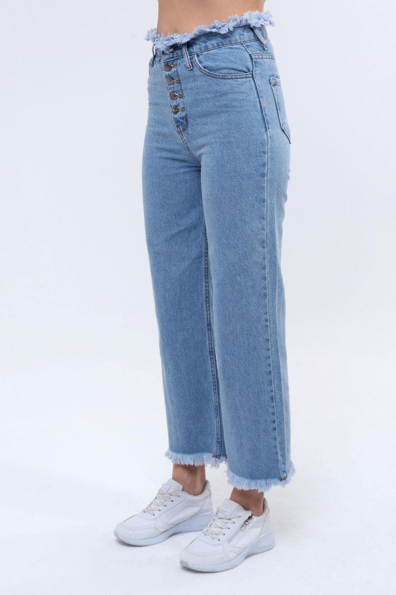 Pantolon Kadın Yüksel Bel Püsküllü Bol Paça Jean Pantolon Mavi