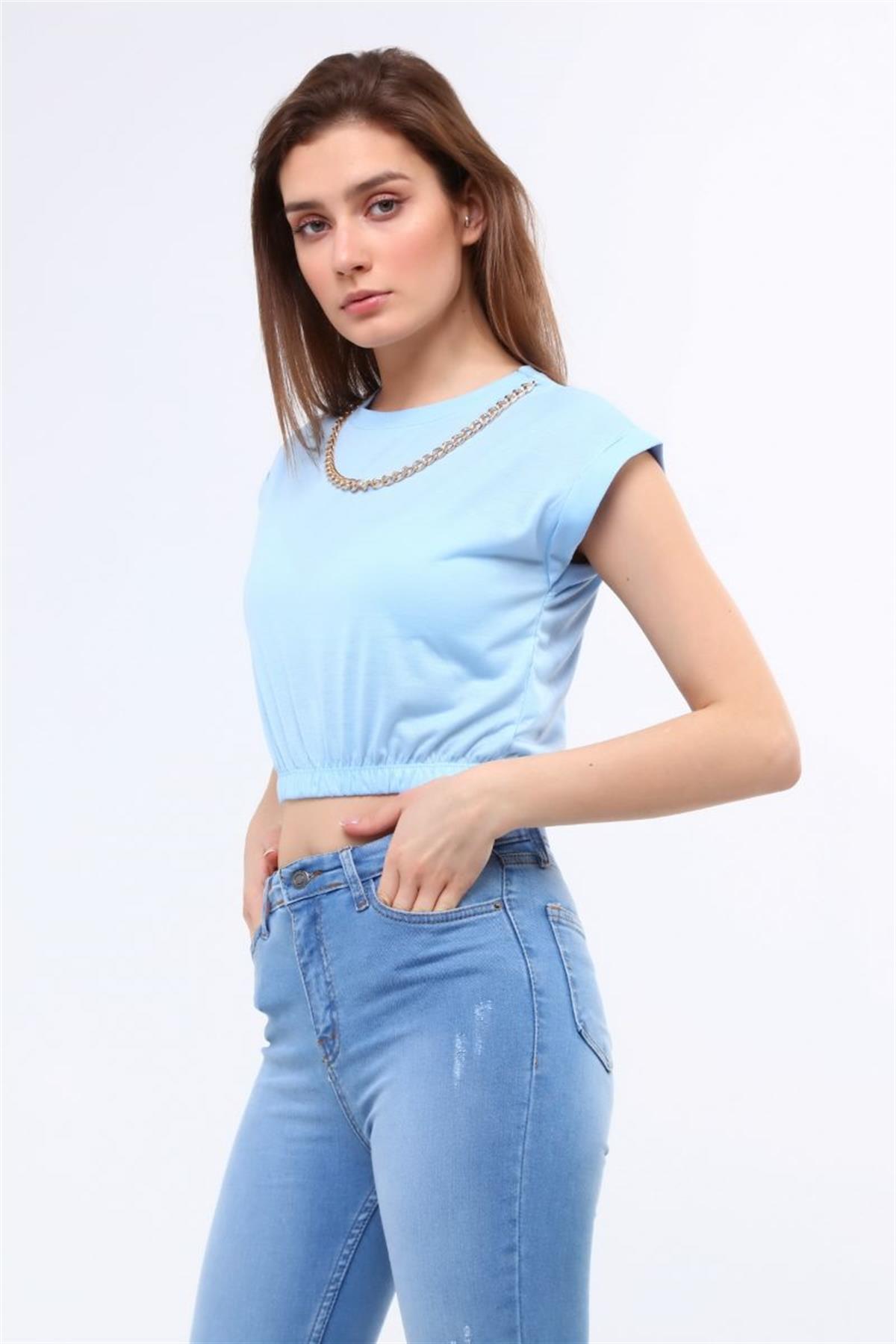 Bluz Kadın Zincirli Beli Lastikli Crop Bluz Mavi