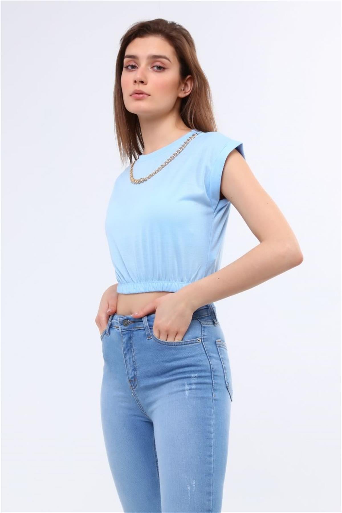 Bluz Kadın Zincirli Beli Lastikli Crop Bluz Mavi