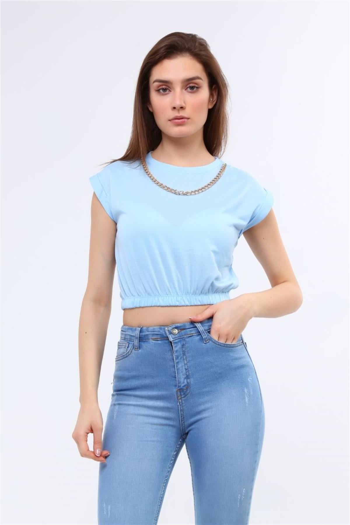 Bluz Kadın Zincirli Beli Lastikli Crop Bluz Mavi