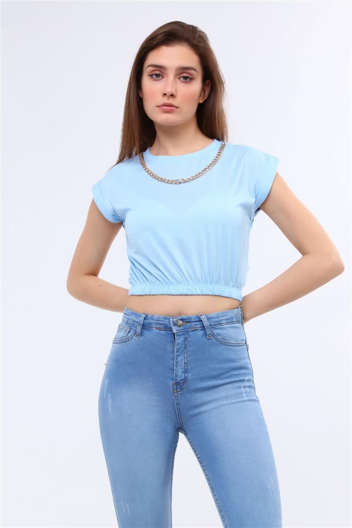 Bluz Kadın Zincirli Beli Lastikli Crop Bluz Mavi