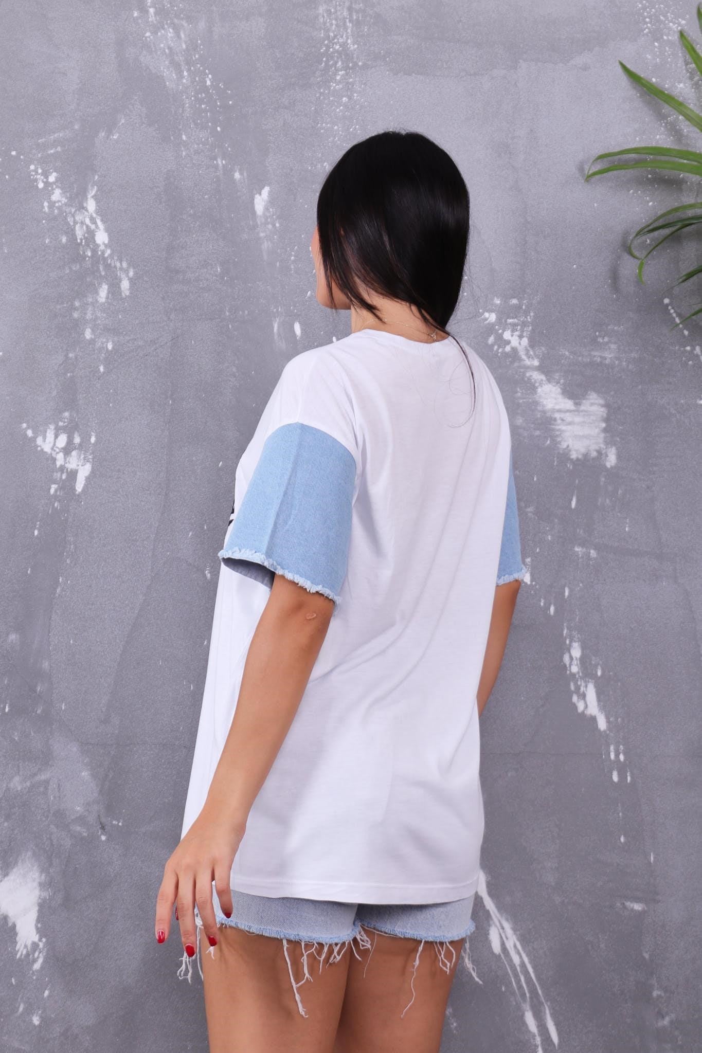 Tshirt Kolları Jean Detalı Nakışlı Tshirt