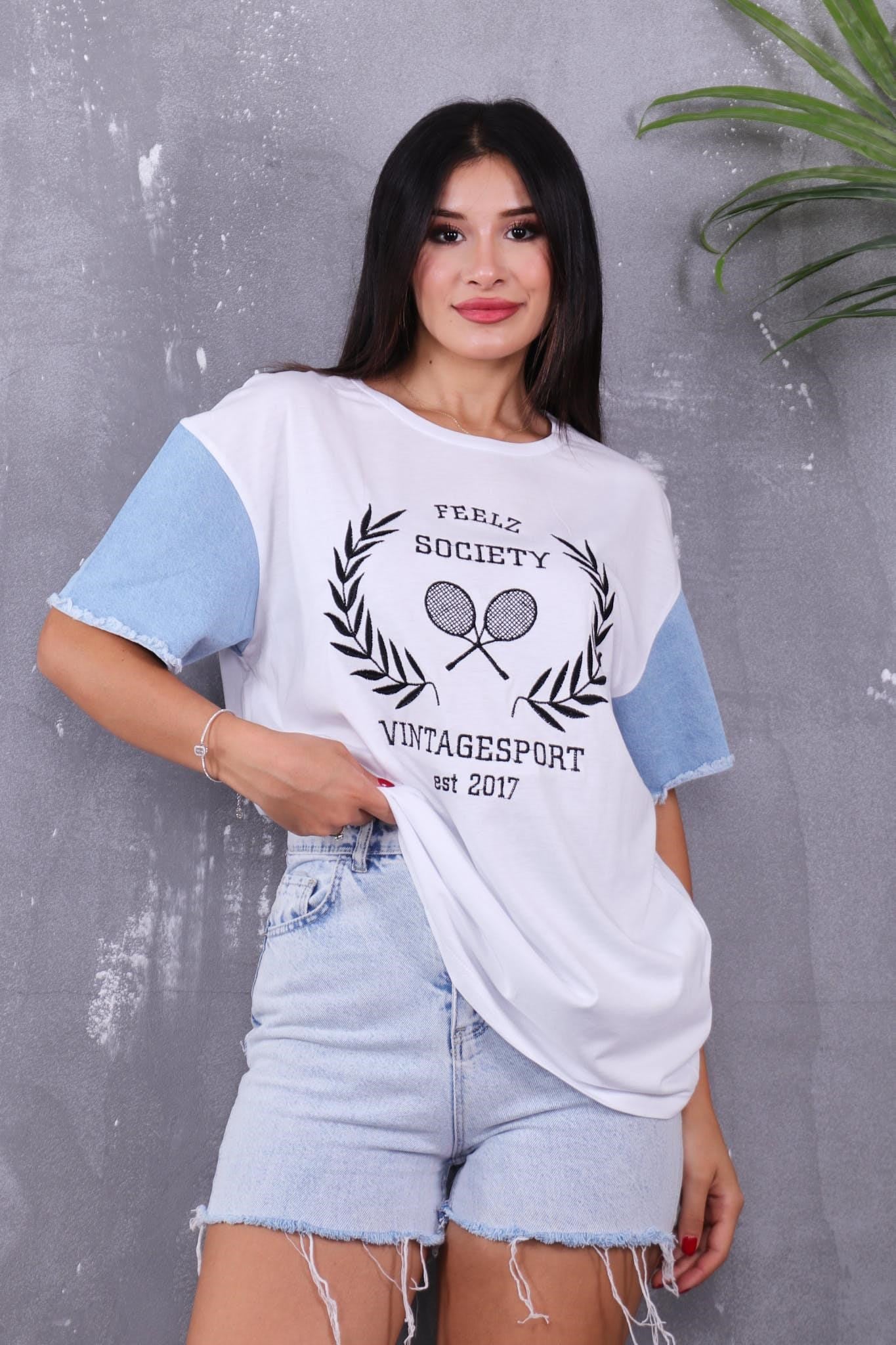 Tshirt Kolları Jean Detalı Nakışlı Tshirt