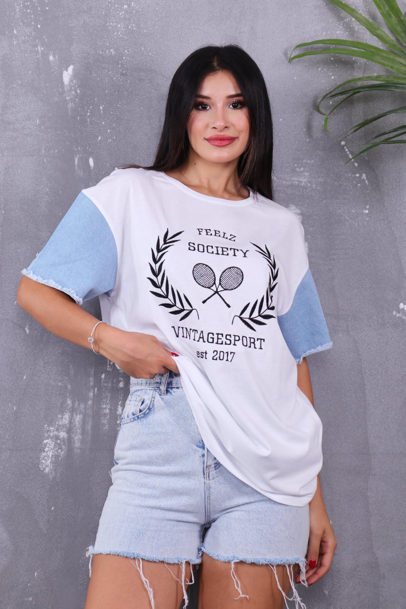Tshirt Kolları Jean Detalı Nakışlı Tshirt
