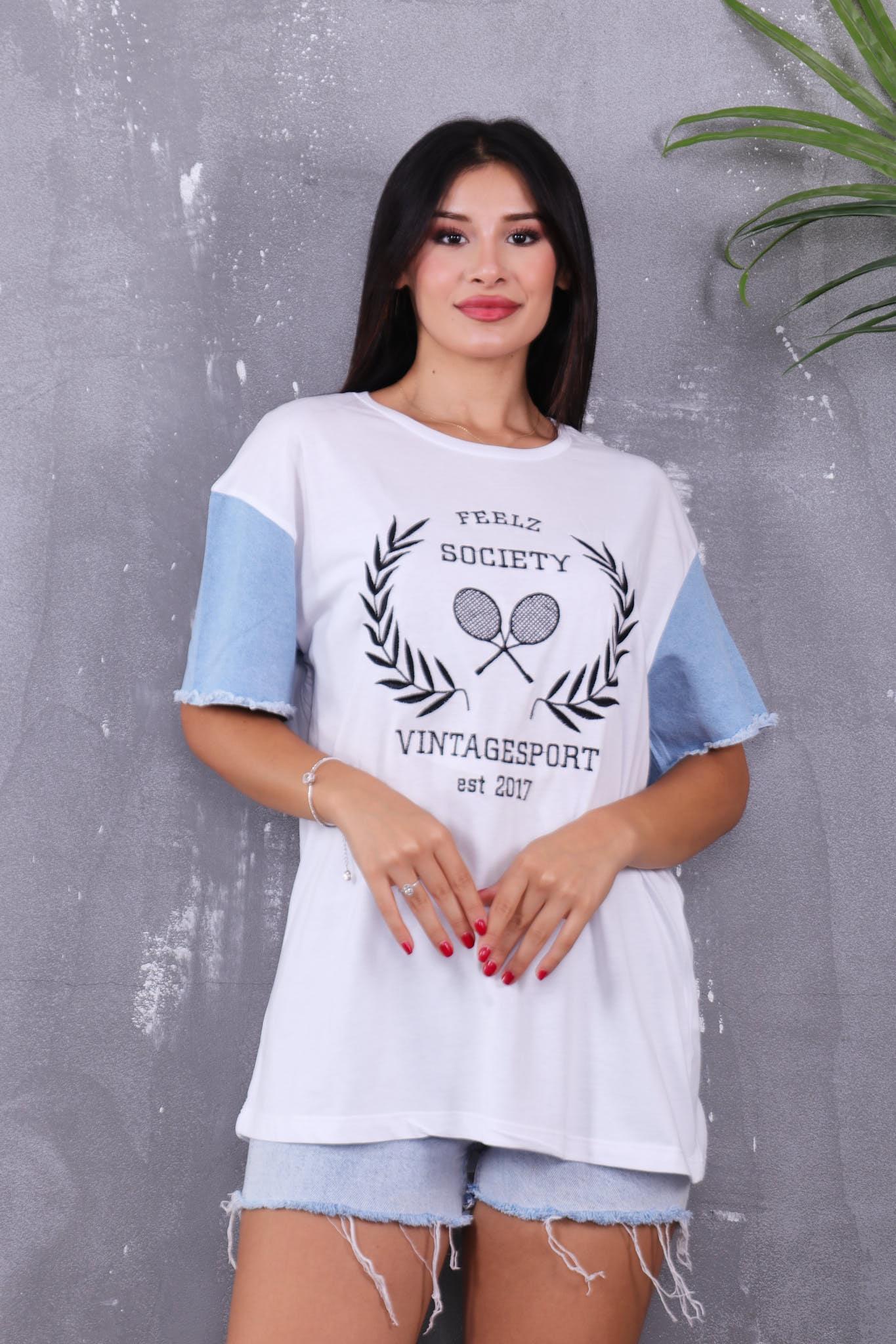 Tshirt Kolları Jean Detalı Nakışlı Tshirt