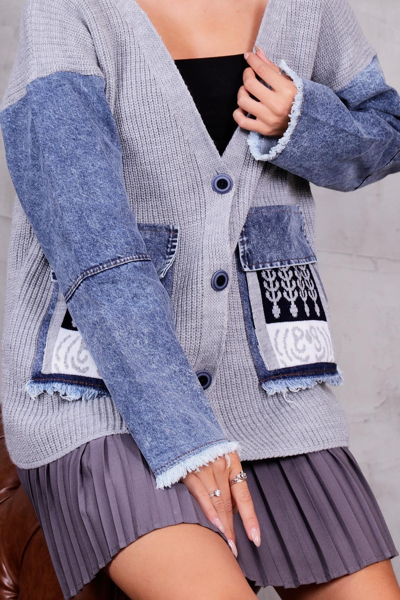 Hırka Kolları Jean Detaylı Hırka