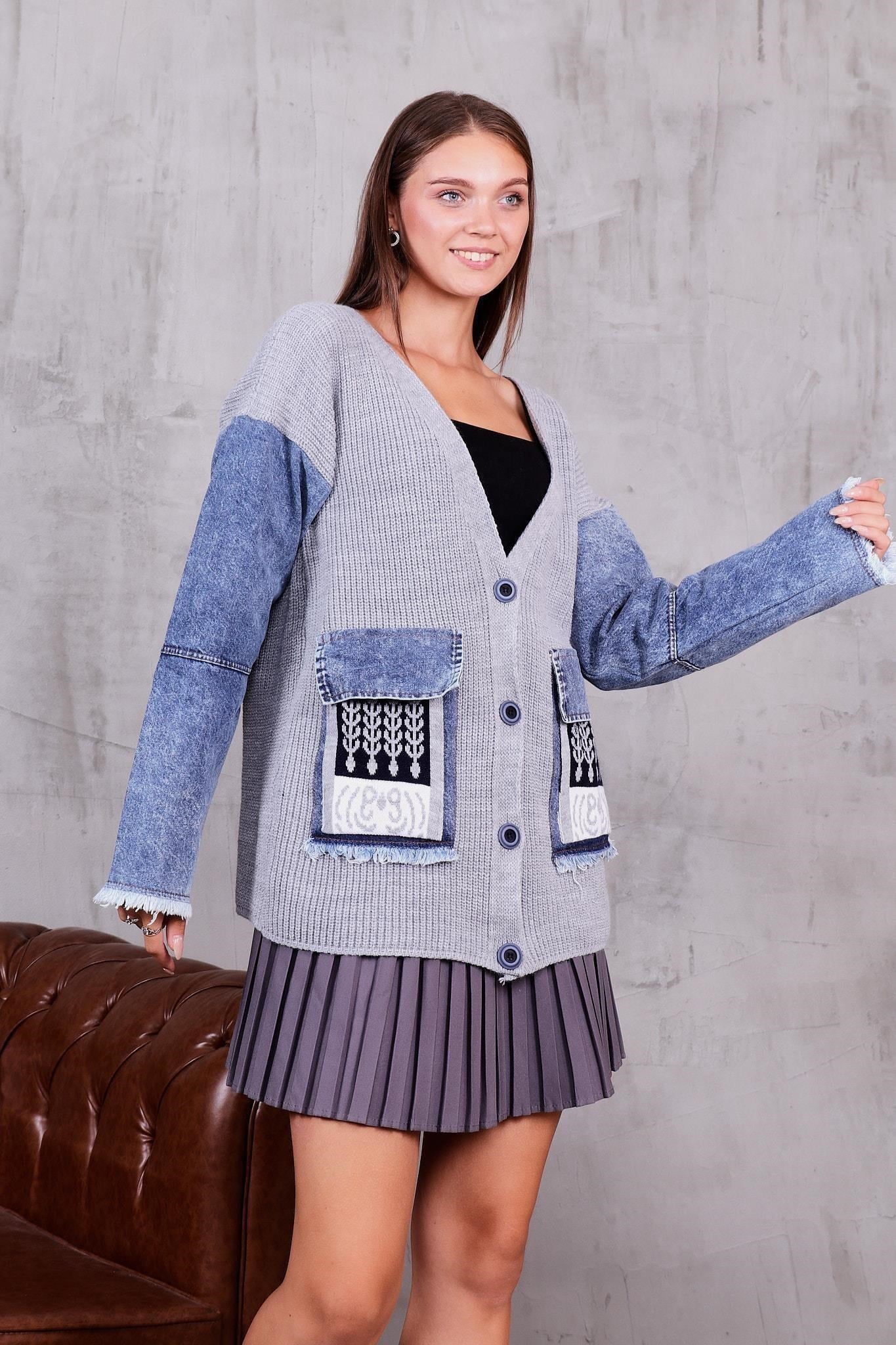 Hırka Kolları Jean Detaylı Hırka