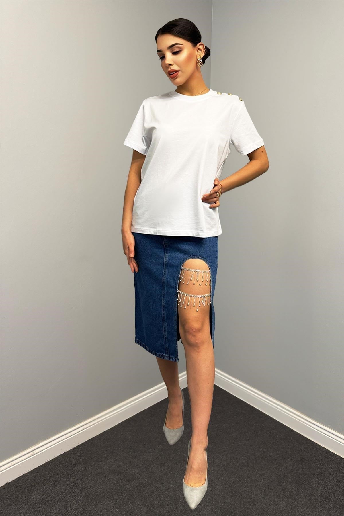 Tshirt Omuzu Düğme Detaylı Pamuklu Basıc T-shirt