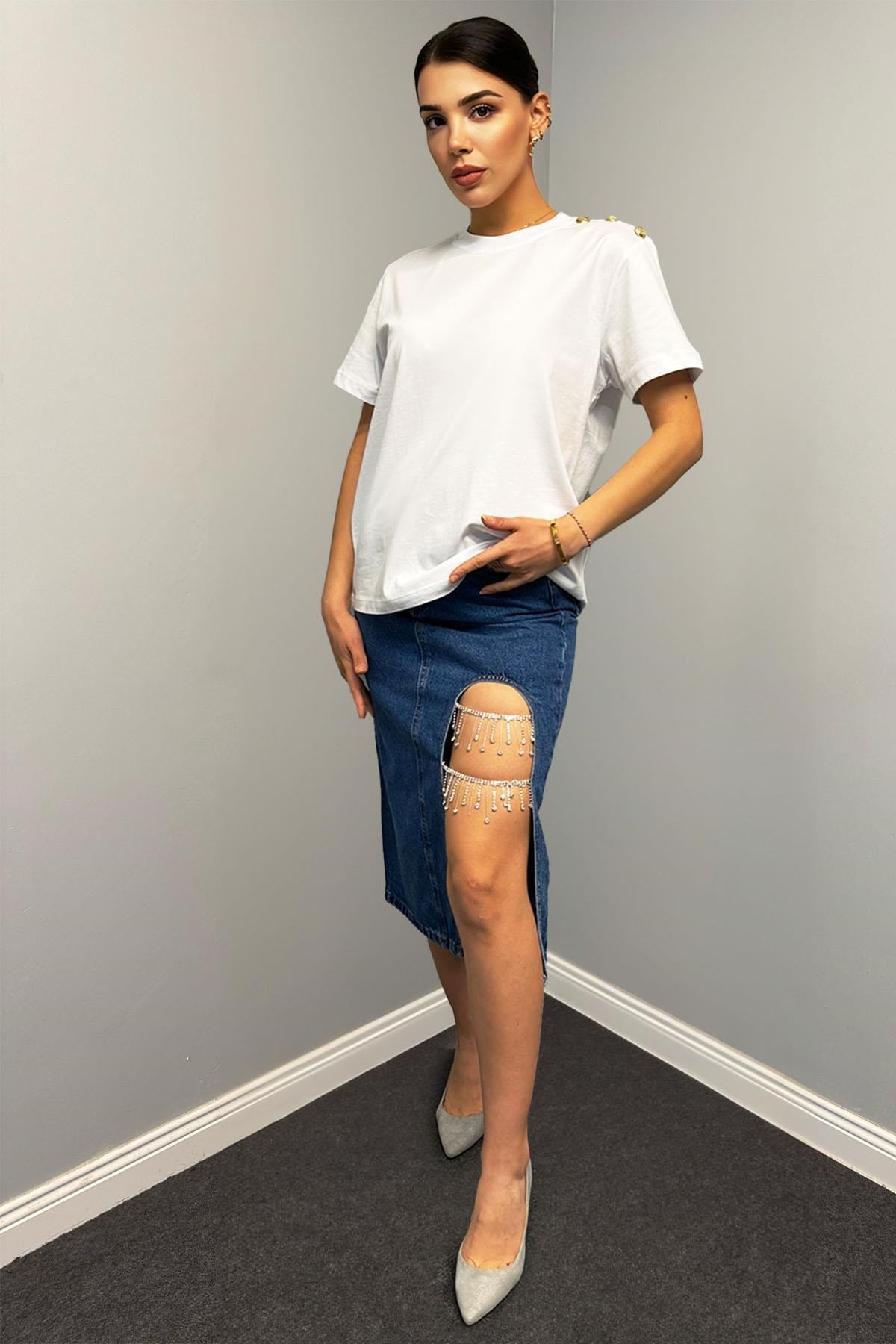 Tshirt Omuzu Düğme Detaylı Pamuklu Basıc T-shirt