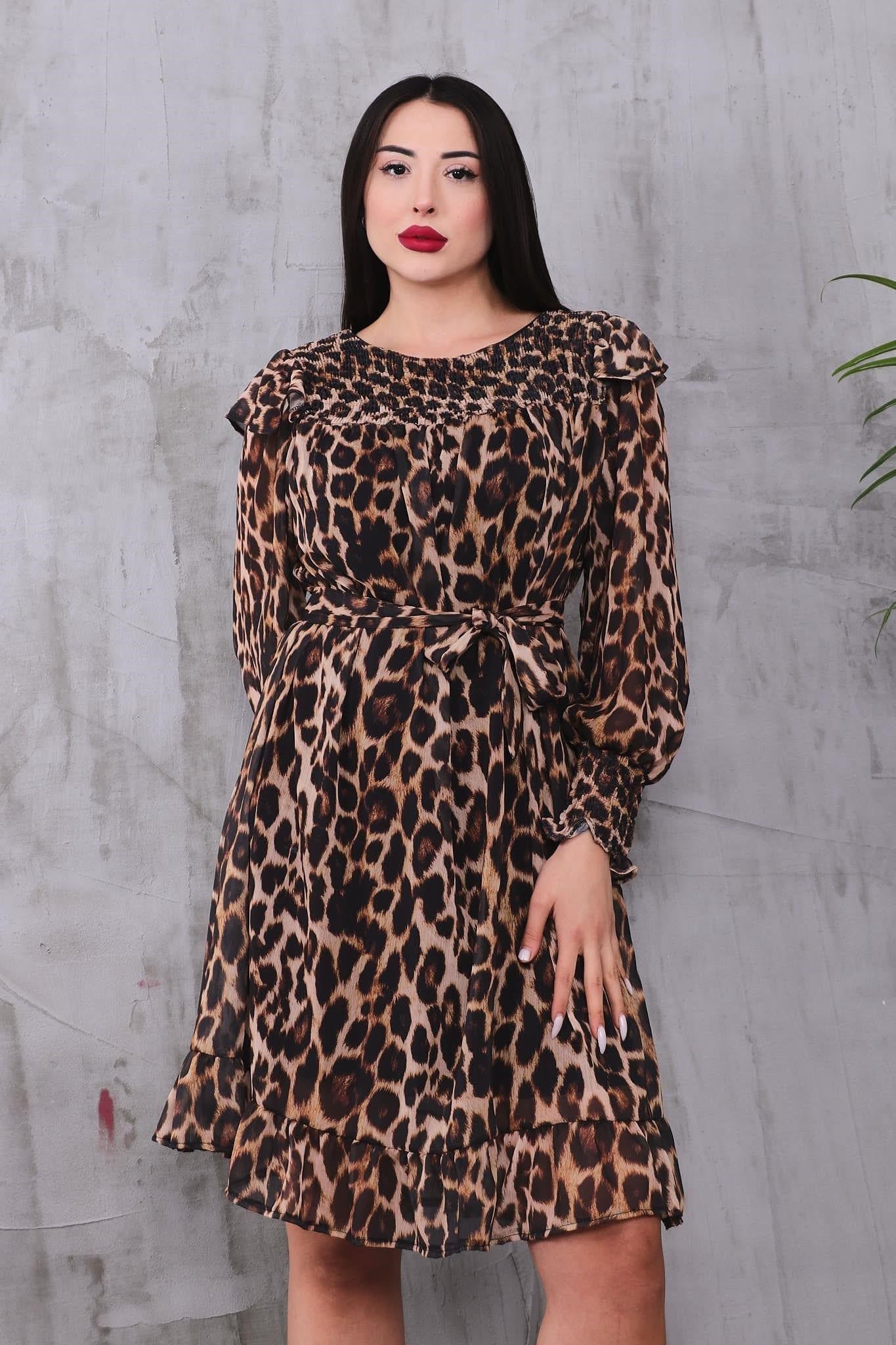 Elbise Pileli Leopar Şifon Elbise