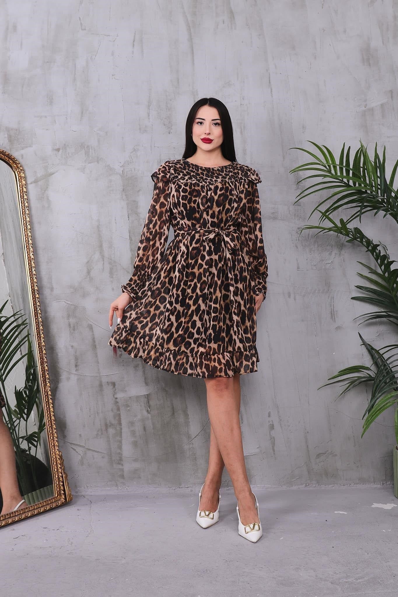 Elbise Pileli Leopar Şifon Elbise