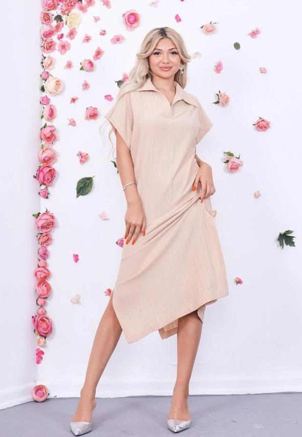 Elbise Polo Yaka Yırtmaçlı Elbise
