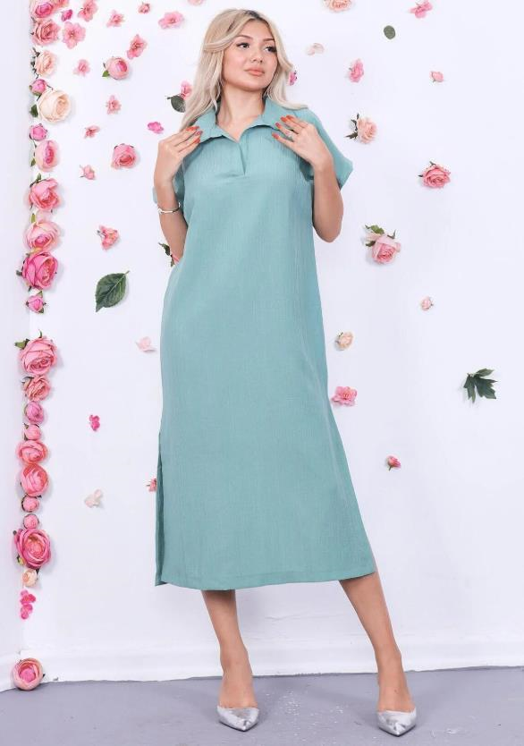 Elbise Polo Yaka Yırtmaçlı Elbise