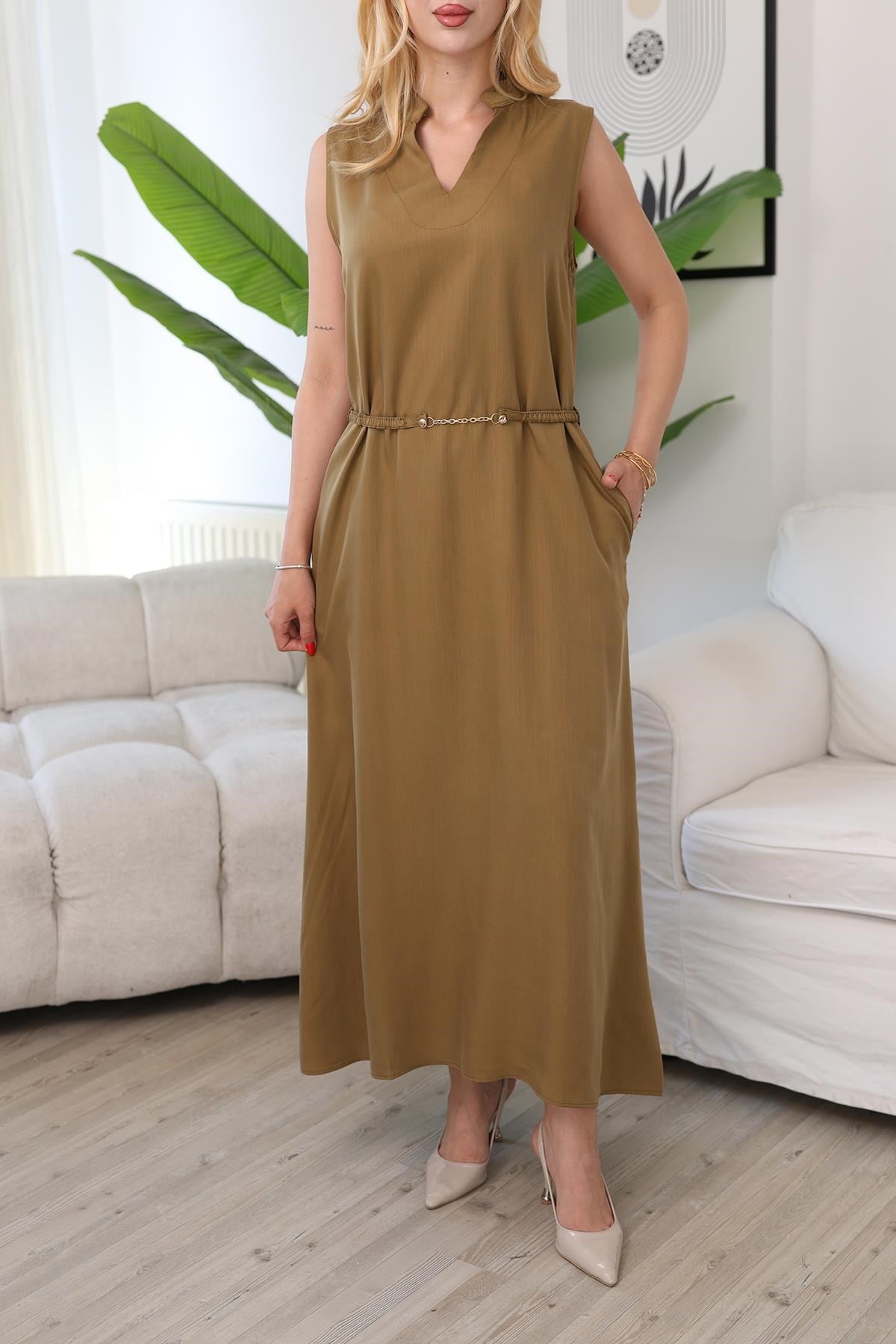 Elbise Tencel Kumaş Kemer Aksesuarlı Elbise