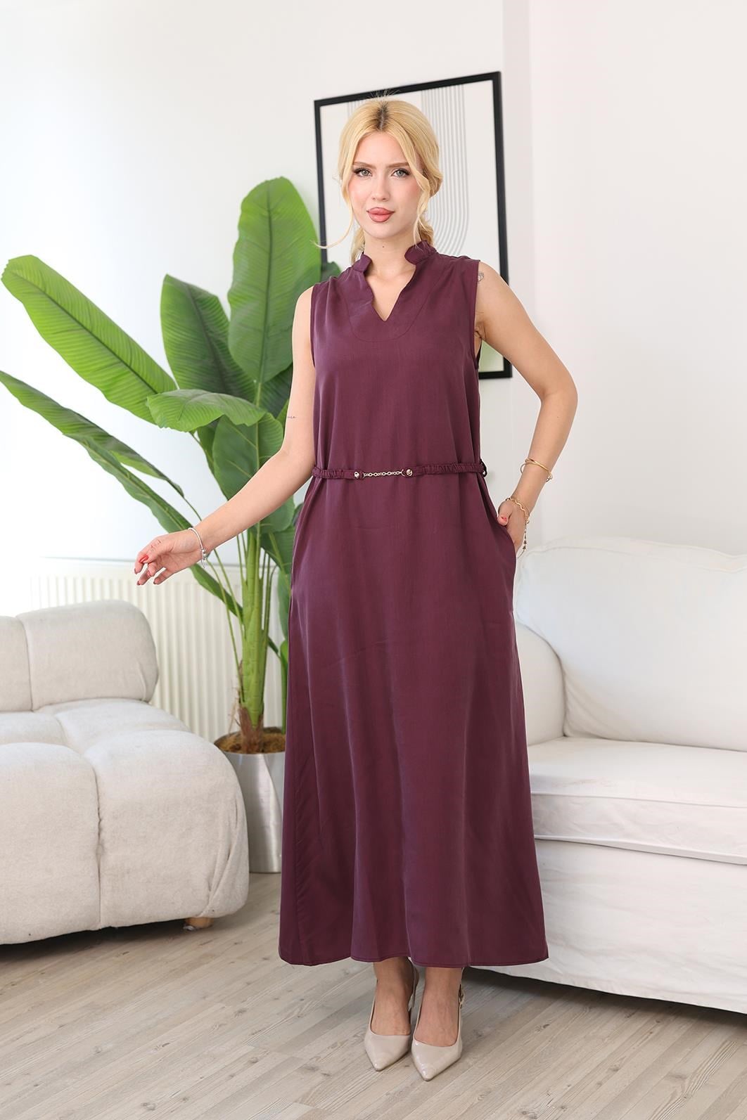 Elbise Tencel Kumaş Kemer Aksesuarlı Elbise