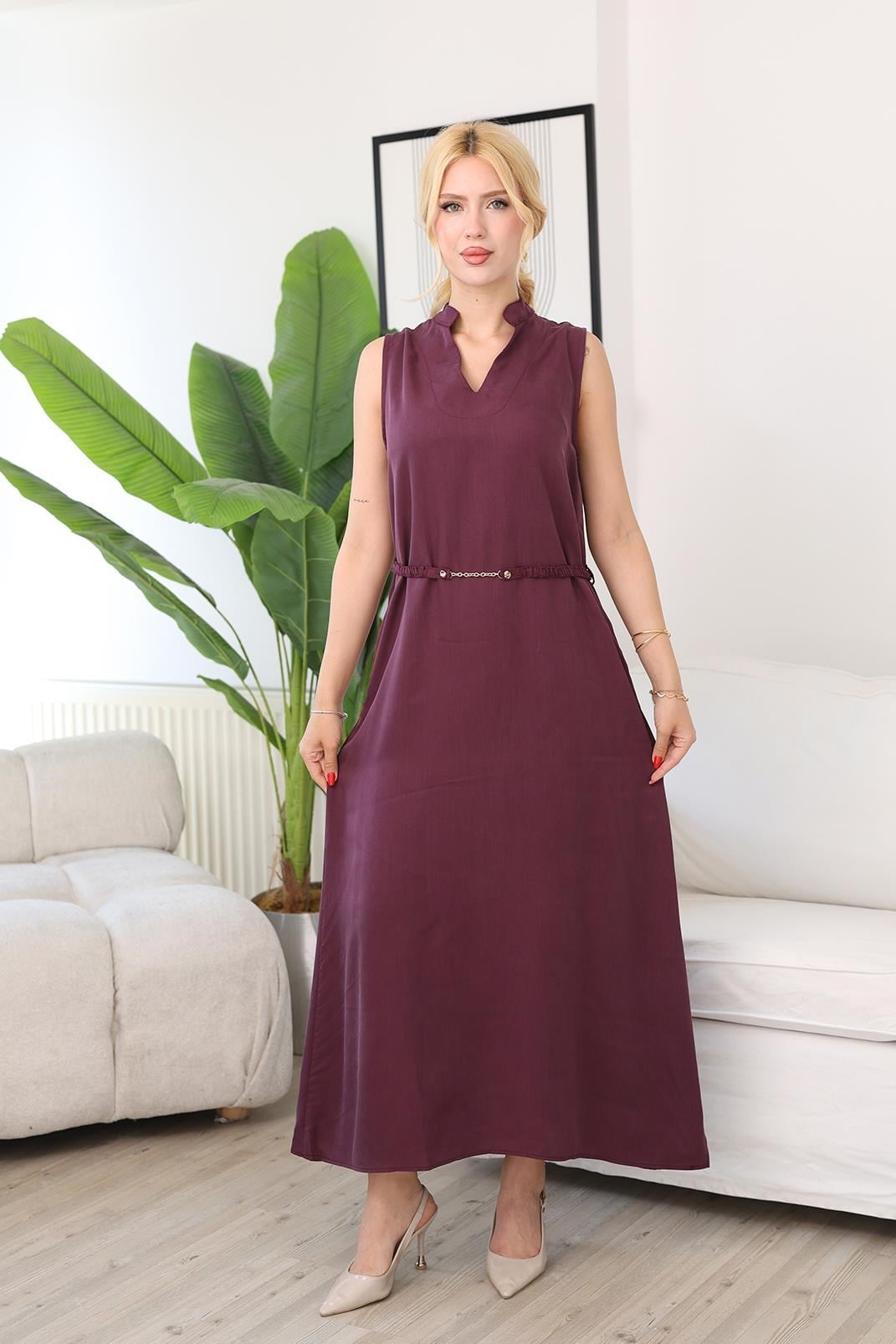 Elbise Tencel Kumaş Kemer Aksesuarlı Elbise