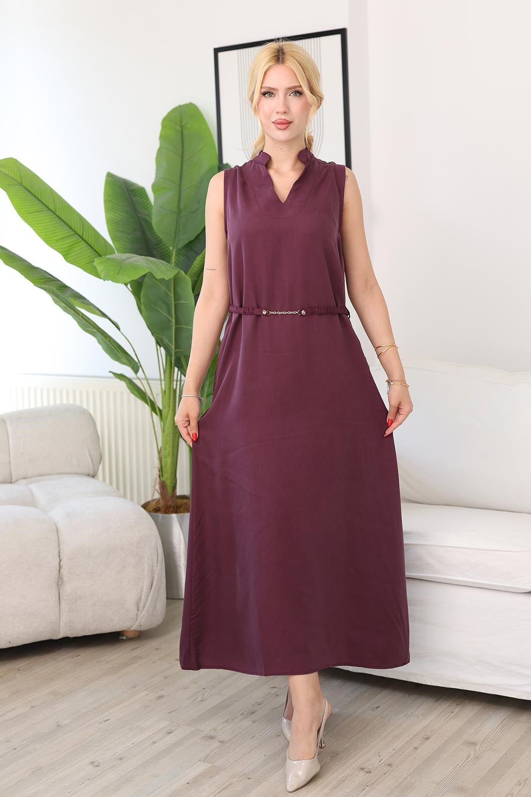 Elbise Tencel Kumaş Kemer Aksesuarlı Elbise