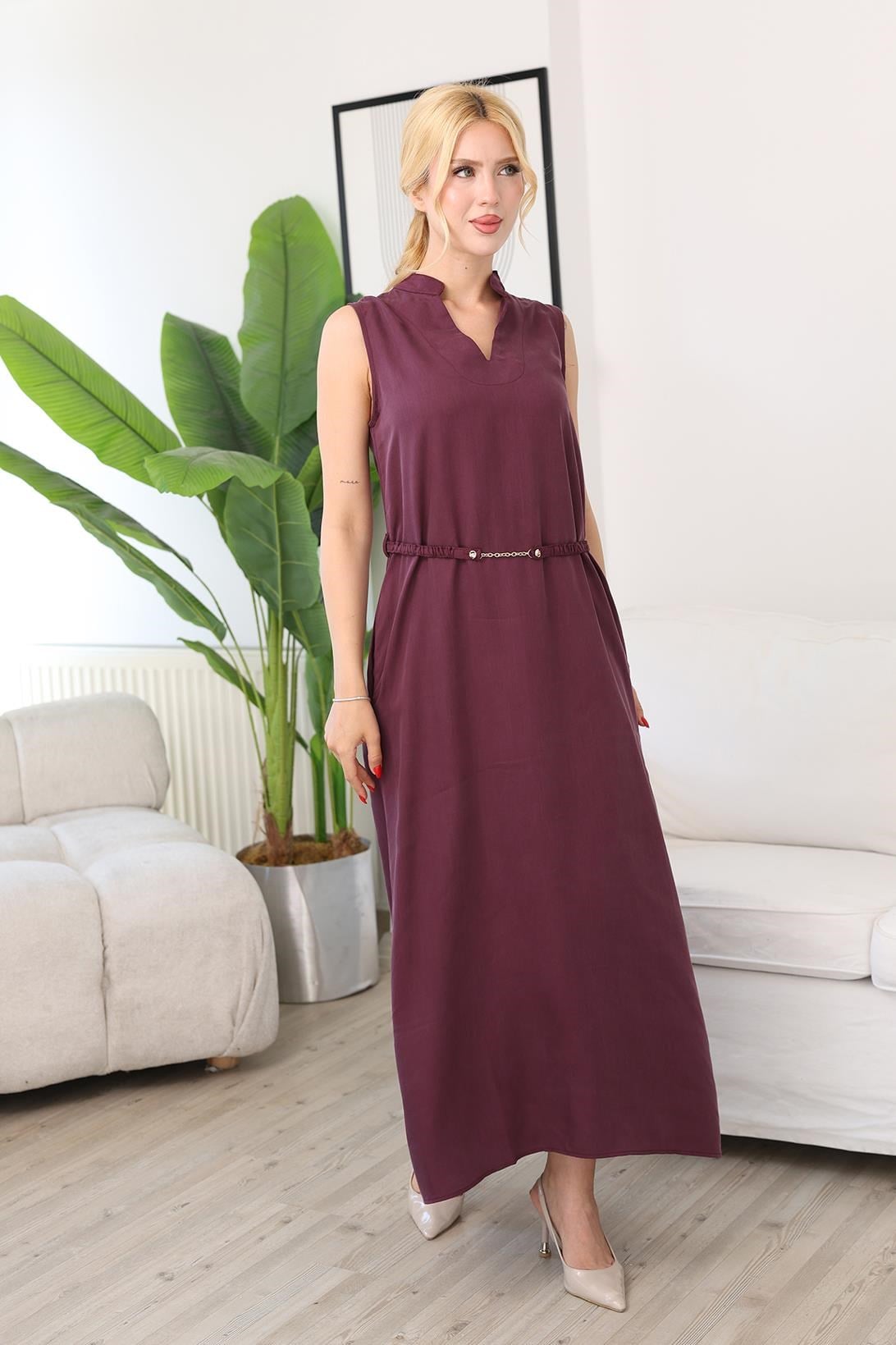 Elbise Tencel Kumaş Kemer Aksesuarlı Elbise
