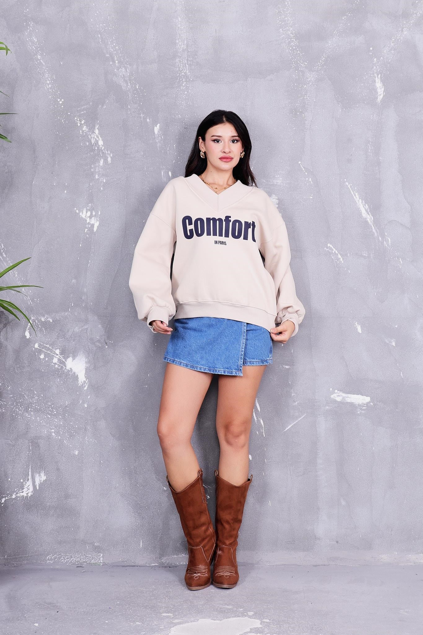 Sweatshirt V Yaka İçi Şardonlu Sweatshirt