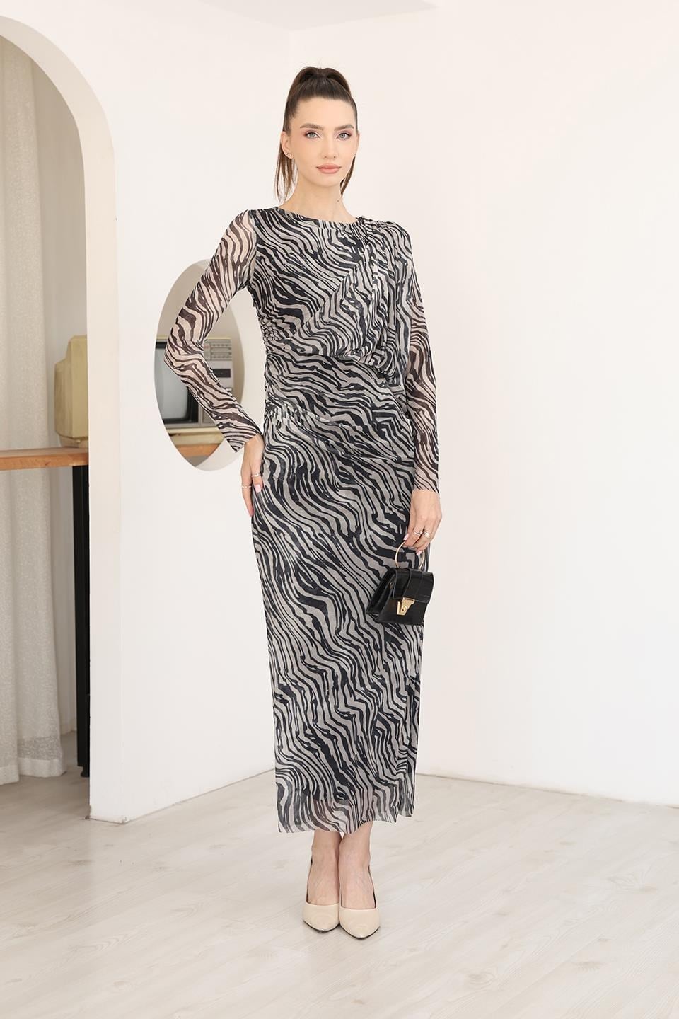 Elbise Zebra Desen Drapeli Elbise