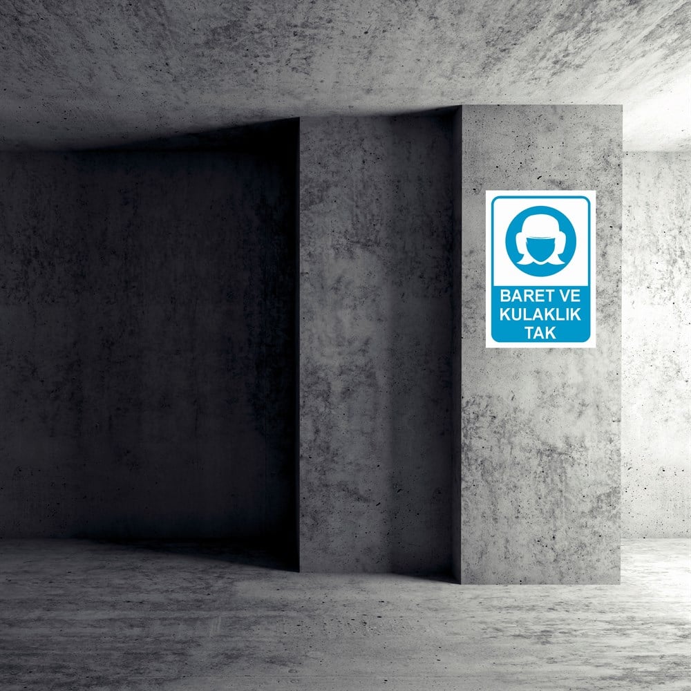 Koruyucu Malzeme Uyarı LevhalarıBARET VE KULAKLIK TAK KADIN FİGÜRLÜ İŞ GÜVENLİĞİ UYARI LEVHASI
