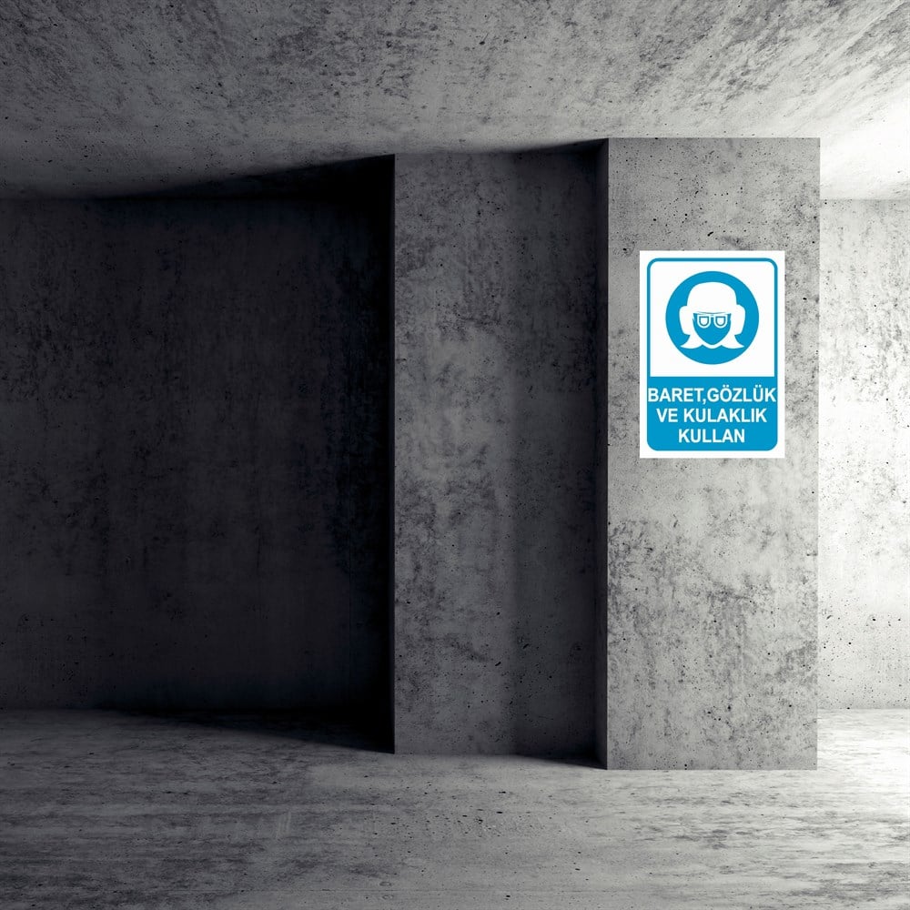 Koruyucu Malzeme Uyarı LevhalarıBARET,GÖZLÜK VE KULAKLIK KULLAN KADIN FİGÜRLÜ İŞ GÜVENLİĞİ UYARI LEVHASI