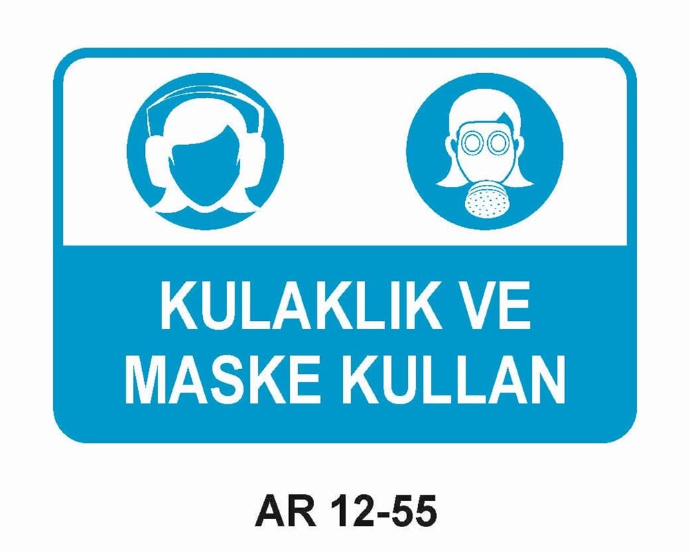 Koruyucu Malzeme Uyarı LevhalarıKULAKLIK VE MASKE KULLAN KADIN FİGÜRLÜ İŞ GÜVENLİĞİ UYARI LEVHASI