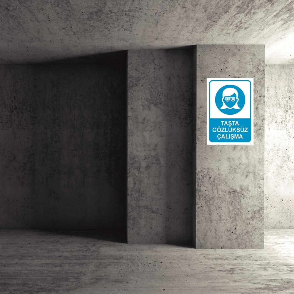 Göz Koruma Uyarı LevhalarıTAŞTA GÖZLÜKSÜZ ÇALIŞMA KADIN FİGÜRLÜ İŞ GÜVENLİĞİ UYARI LEVHASI