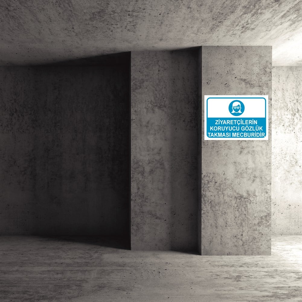 Göz Koruma Uyarı LevhalarıZİYARETÇİLERİN KORUYUCU GÖZLÜK TAKMASI MECBURİDİR KADIN FİGÜRLÜ İŞ GÜVENLİĞİ UYARI LEVHASI