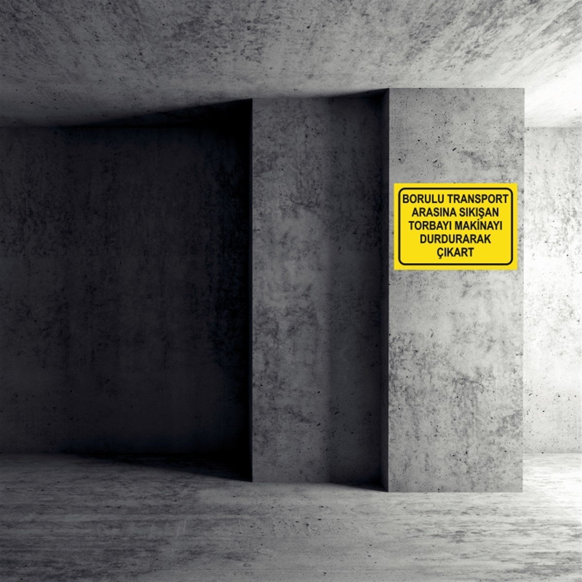 KONVEYÖR - BANT - KONKASÖRBORULU TRANSPORT ARASINA SIKIŞAN TORBAYI MAKİNAYI DURDURARAK ÇIKART İŞ GÜVENLİĞİ UYARI LEVHASI